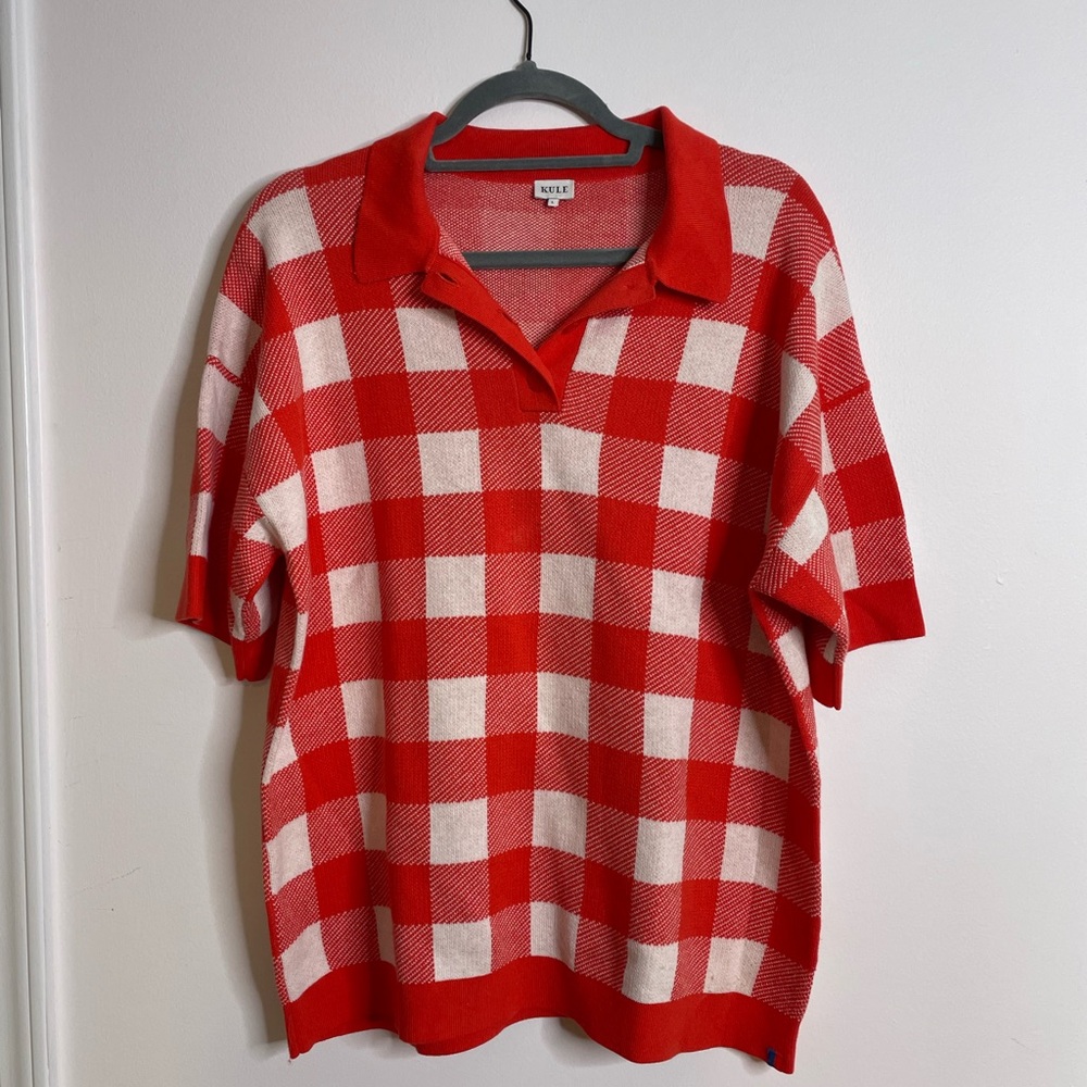 KULE Red and White Check Polo Sweater